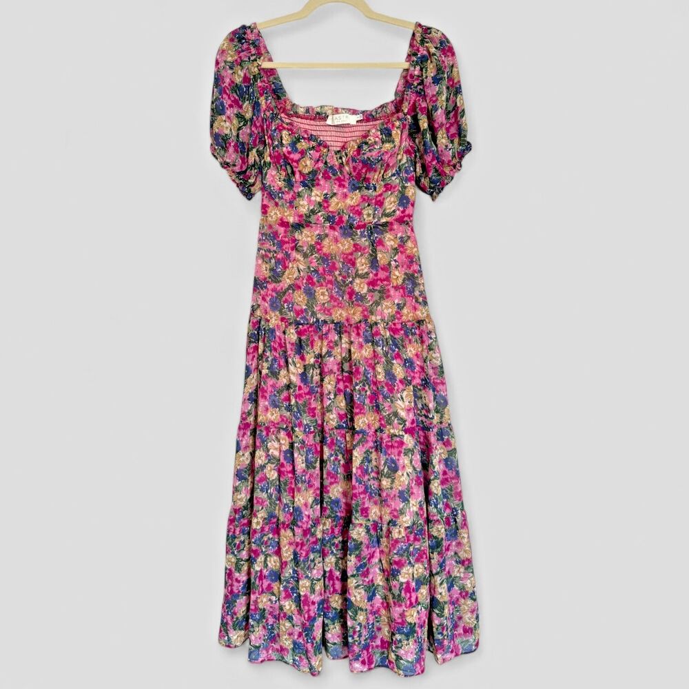 ASTR The Label Small Floral Tiered Maxi Dress Smocked Puff Sleeve Fuchsia Lined